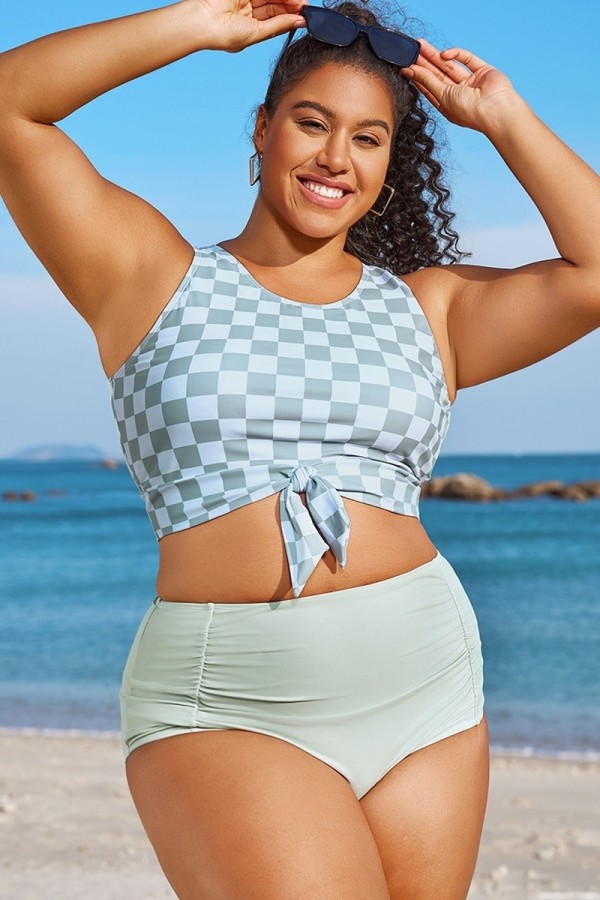 Top De Bikini Corto Anudado A Cuadros Blancos De Talla Grande