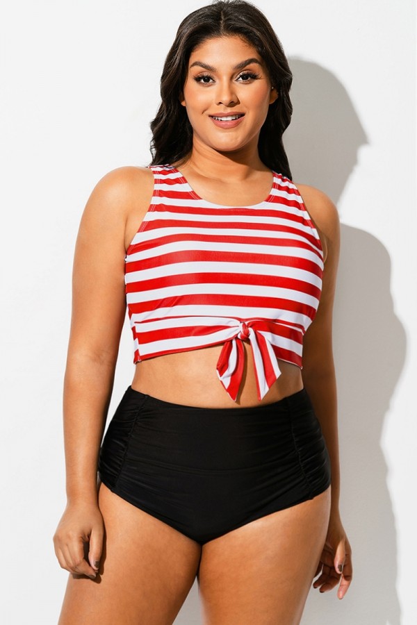 Top de Bikini Corto Anudado con Rayas Rojas y Blancas