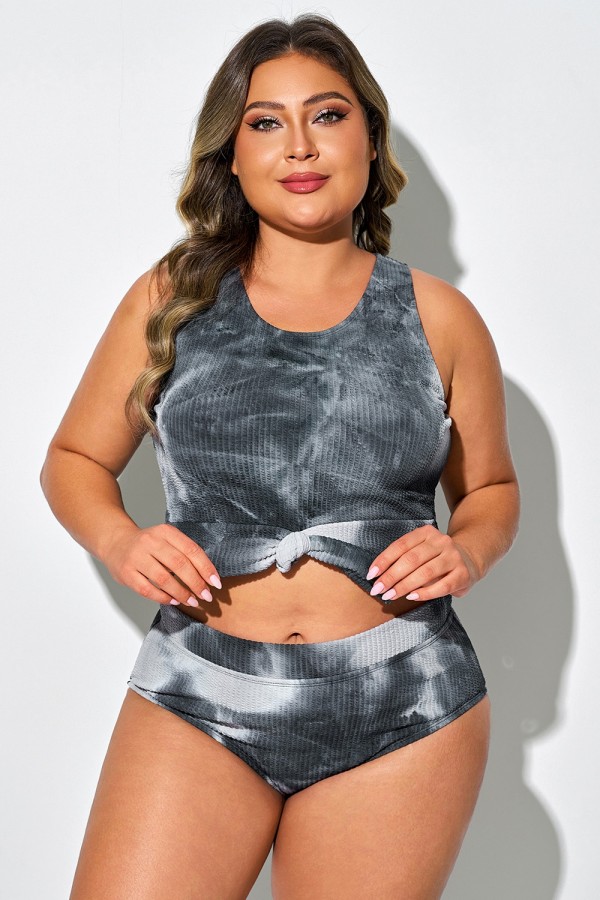 Top de bikini corto anudado con efecto tie-dye en gris y negro