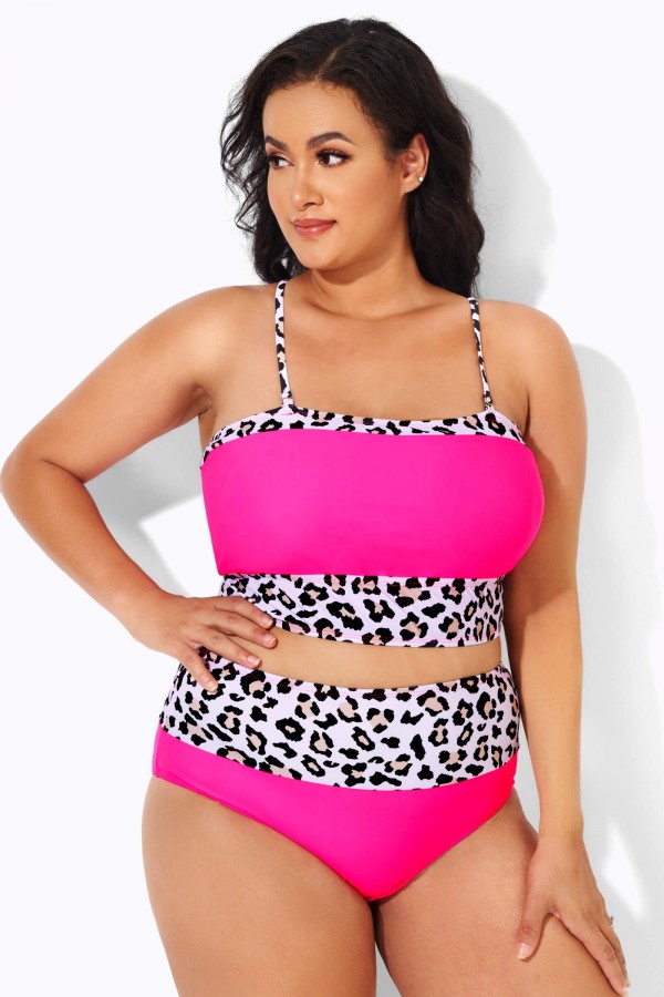 Top de Bikini Rosa Neón con Leopardo Estampado para Mujer