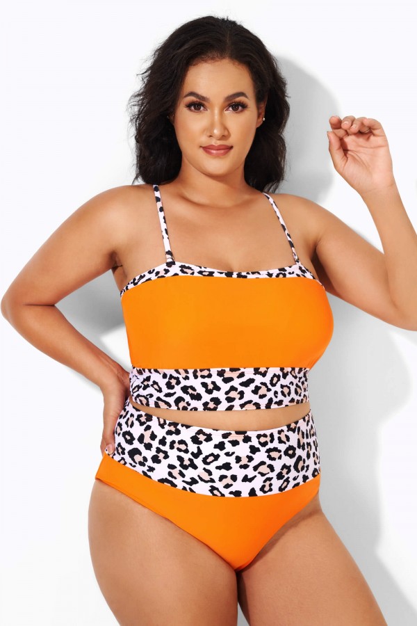 Top de Bikini Naranja Neón Sexy con Leopardo Estampado