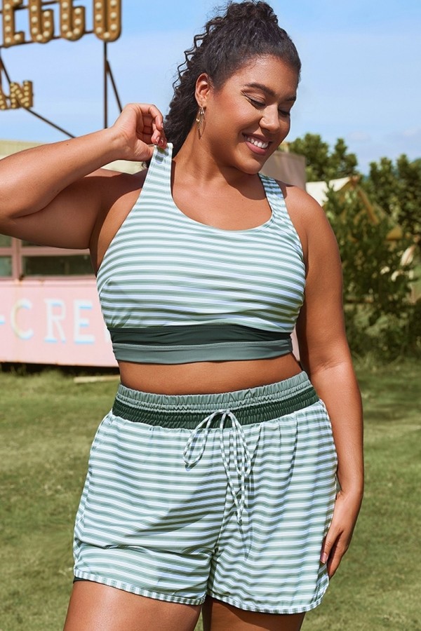 Top de Bikini Verdes de Talla Grande de Patchwork a Rayas