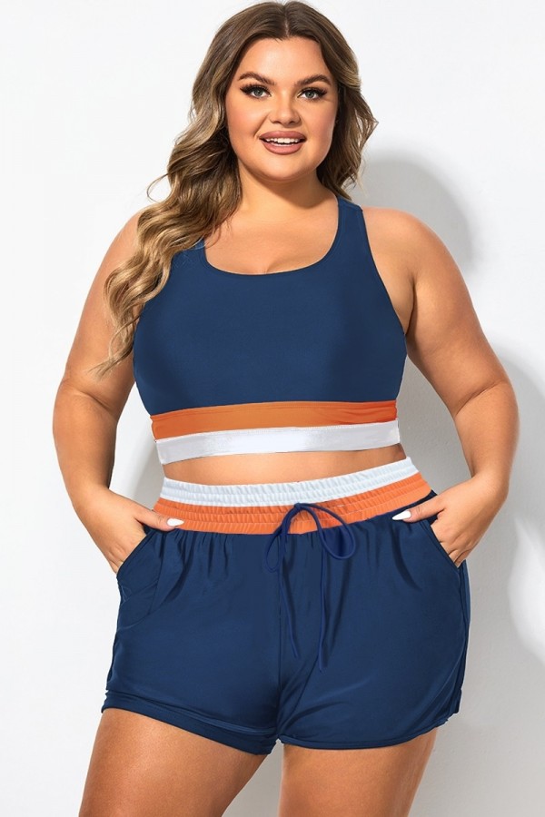 Top De Bikini De Talla Grande De Patchwork Azul Con Cuello Redondo