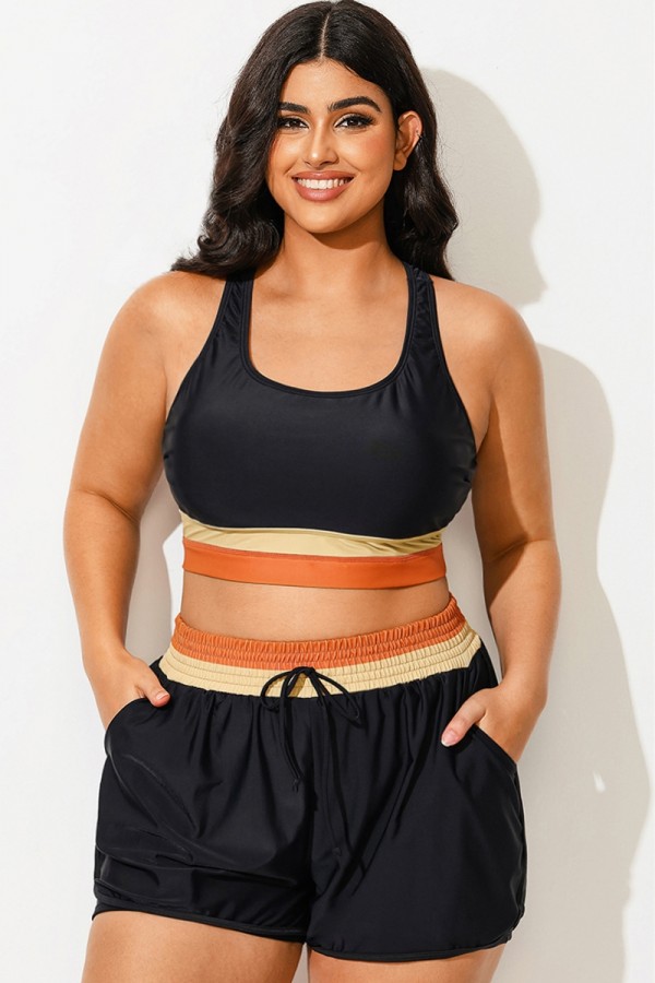 Top de bikini de patchwork naranja con cuello redondo y talla grande