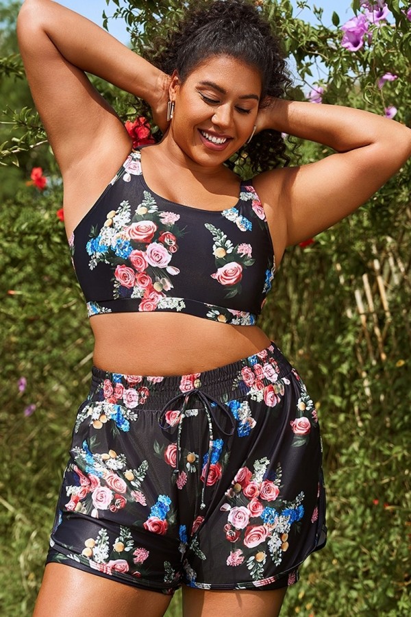 Top De Bikini De Tirantes Anchos Y Cuello Redondo Con Estampado Floral