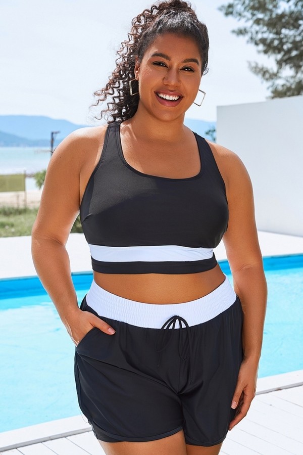 Top De Bikini Blanco Y Negro Labor De Retazos Con Cuello Redondo