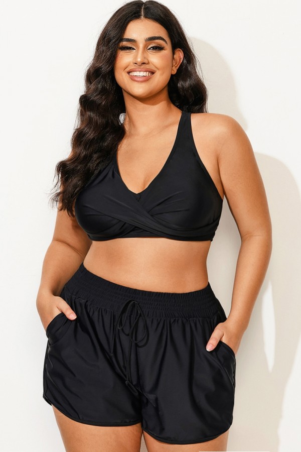 Top de Bikini Negro con Trabilla Trasera Ajustable Frontal Torcida