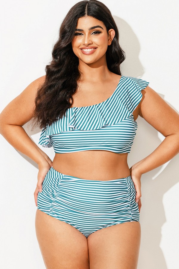 Top De Bikini De Talla Grande Volantes A Rayas Con Un Hombro 