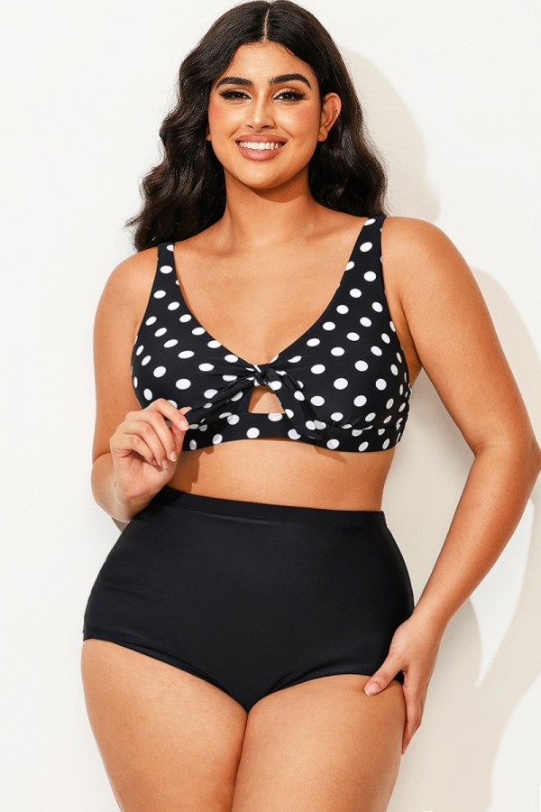 Top de Bikini de Polca Punto V-escote con Nudo Delantero
