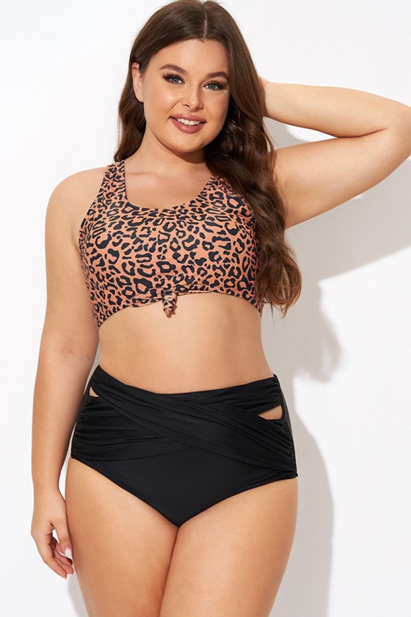 Top de Bikini Cuello Redondo con Leopardo Estampado para Mujer
