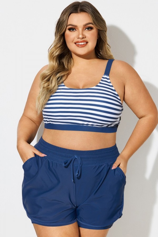 Top de Bikini Azul Marino a Rayas con Cuello Cuadrado de Talla Grande