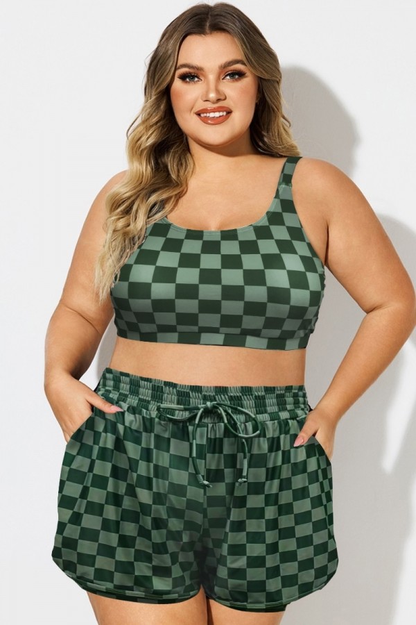 Parte Superior De Bikini De Rayas Finas Con Cuadros Verdes En Talla Grande