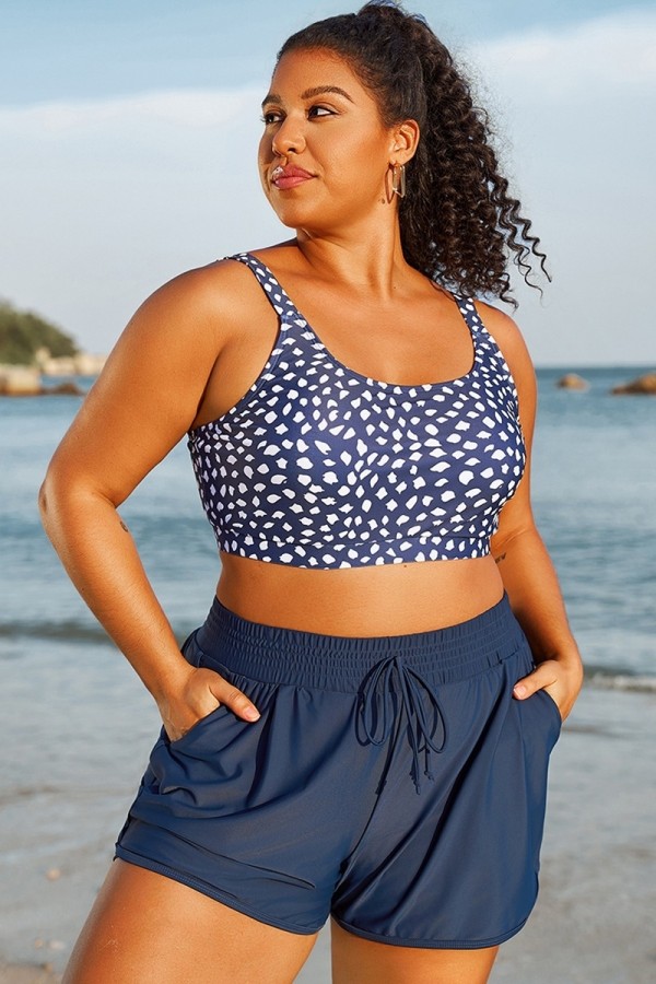 Top De Bikini Con Cuello Cuadrado Y Lunares De Talla Grande