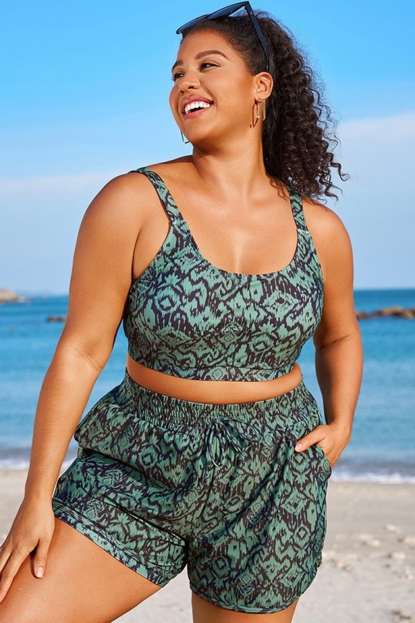 Top De Bikini De Mujer Con Correa Ancha Y Estampado Ikat Verde