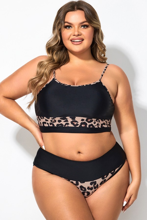 Top de Bikini de Talla Grande con Patchwork Leopardo Estampado