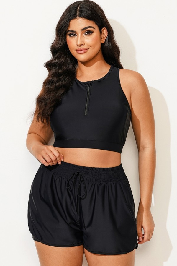 Top De Bikini De Talla Grande Negro Corto Con Media Cremallera