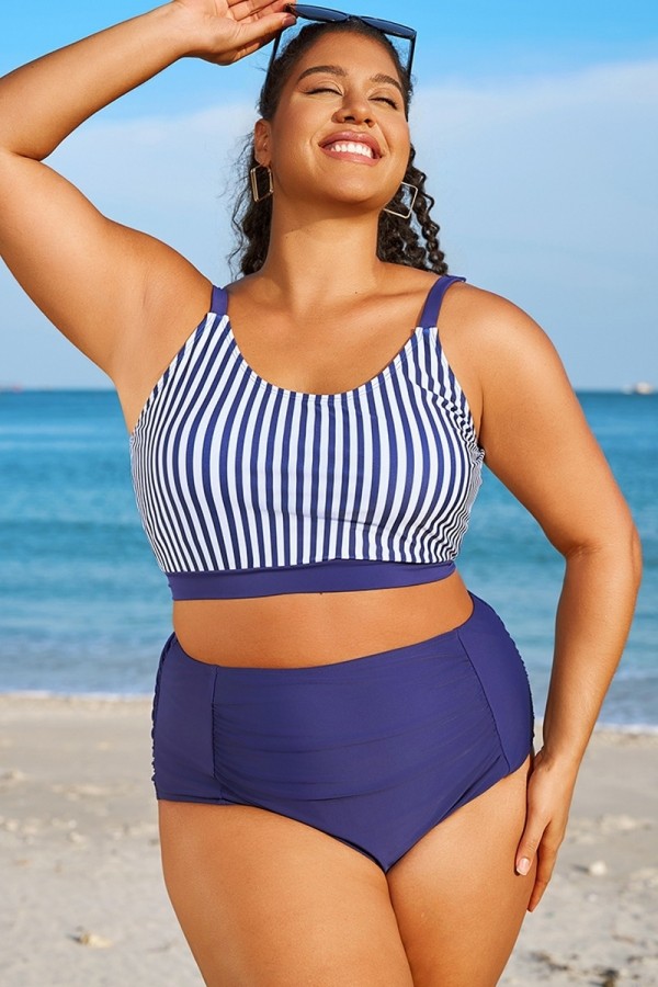 Top De Bikini A Rayas Azules Y Blancas Talla Grande