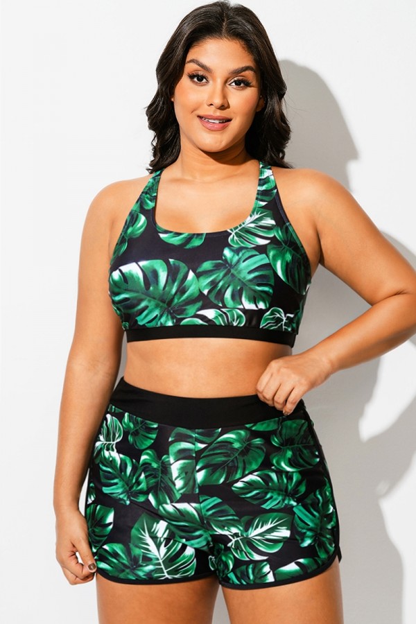 Top de Bikini de Cuello Redondo con Estampado de Hojas Verdes