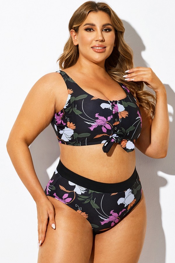 Top de bikini con estampado floral y cuello en V de talla grande