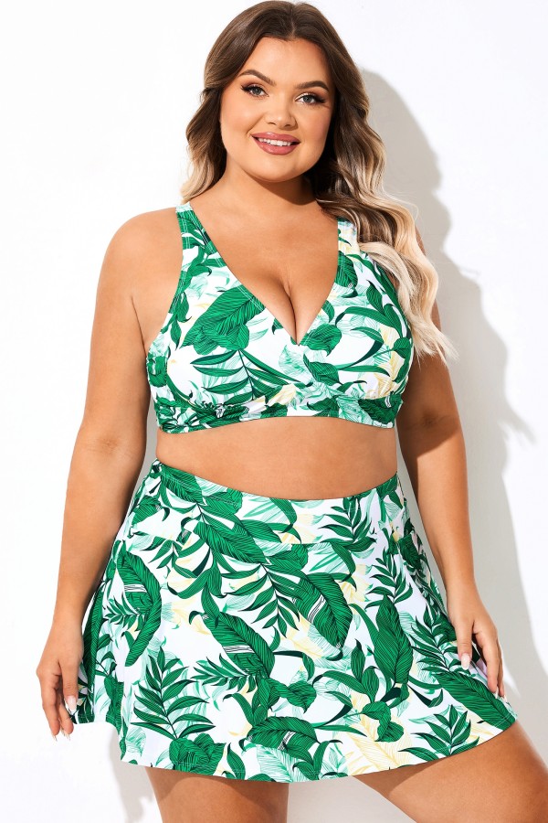 Top de bikini con escote en V y espalda cruzada con estampado de hojas verdes