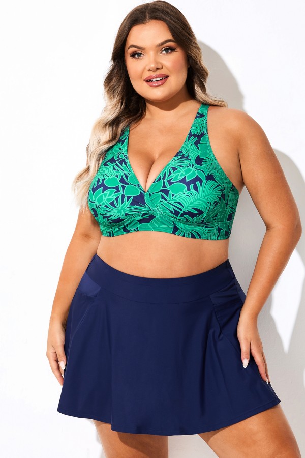 Top de bikini con espalda cruzada y escote en V con estampado verde