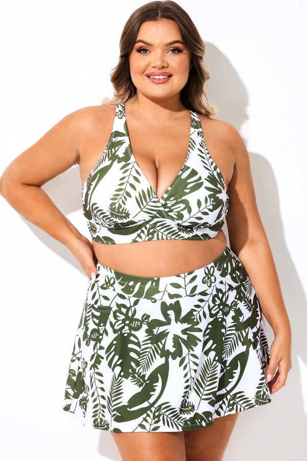 Top de bikini con escote en V y espalda cruzada con estampado de plantas múltiples