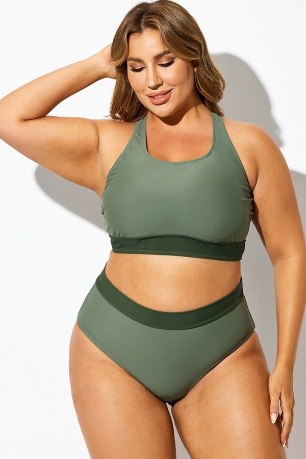 Top de bikini con cuello cuadrado y bloques de color verde