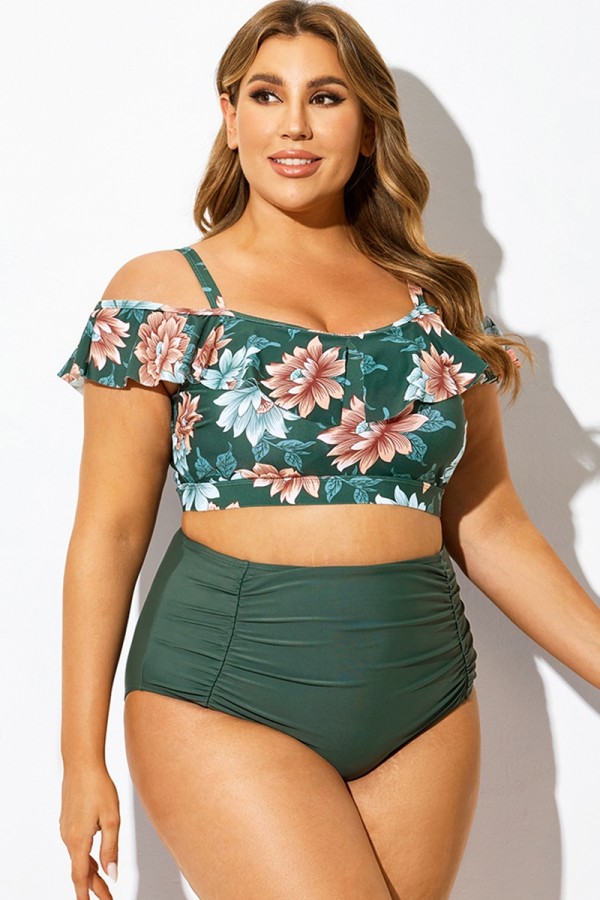 Top de bikini con volantes y flores verdes para mujer