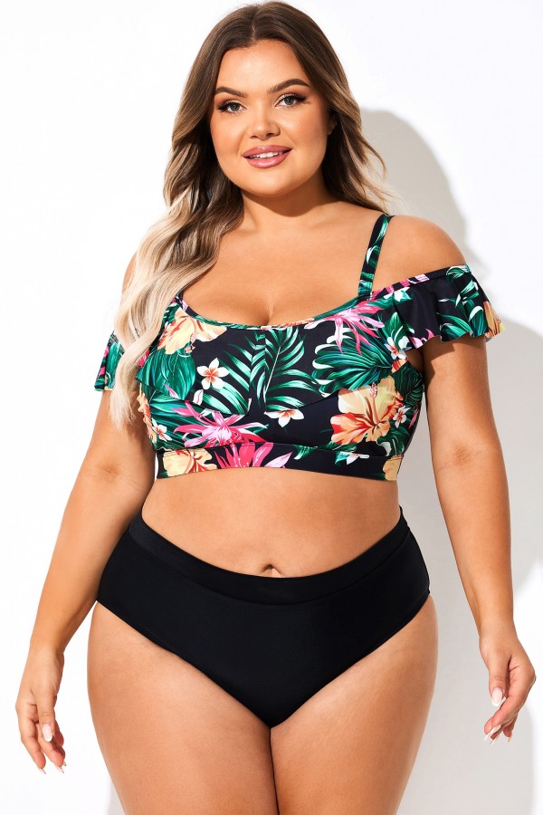 Top de bikini con volantes y estampado floral para mujer