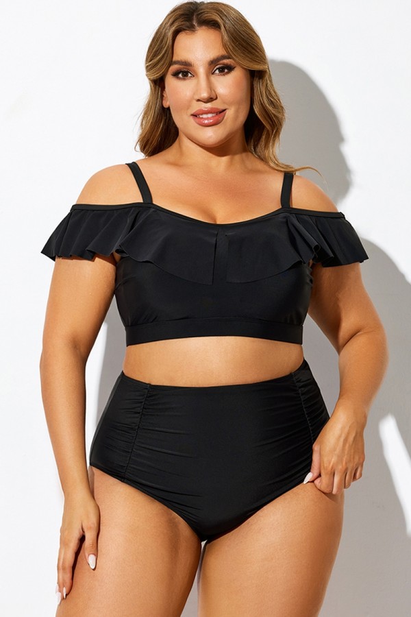 Top de bikini negro con hombros descubiertos de talla grande