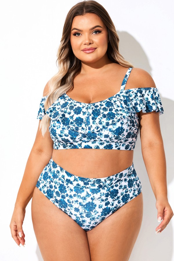 Top de bikini con hombros descubiertos y estampado floral azul
