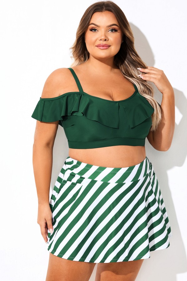 Top de bikini verde liso con escote en V y hombros descubiertos