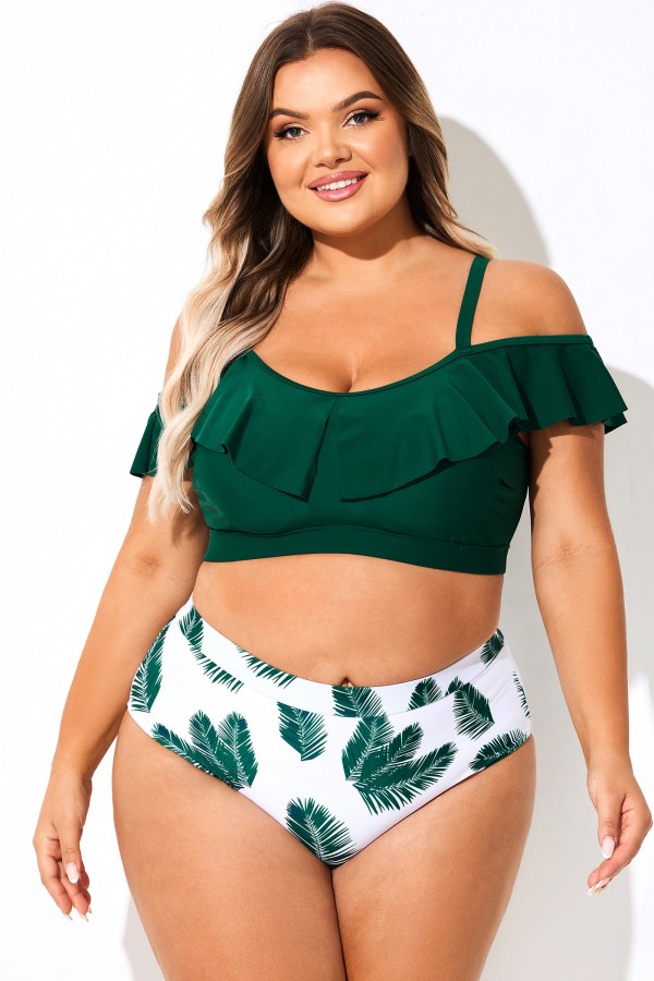 Top de bikini con volantes verde oscuro y hombros descubiertos