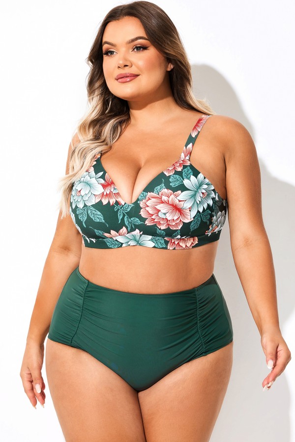 Top de bikini de cobertura completa con estampado floral verde