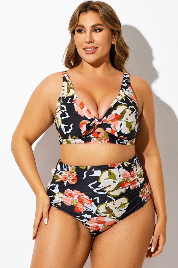 Top de bikini fruncido con nudo y estampado floral negro