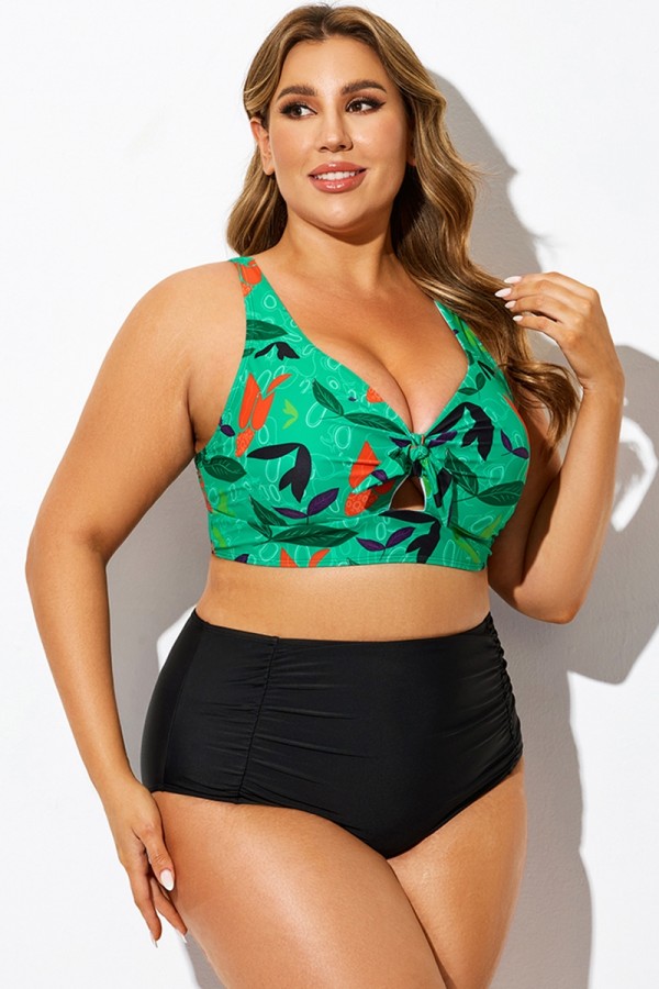 Top de bikini con cuello en V y nudo con estampado de hojas de colores