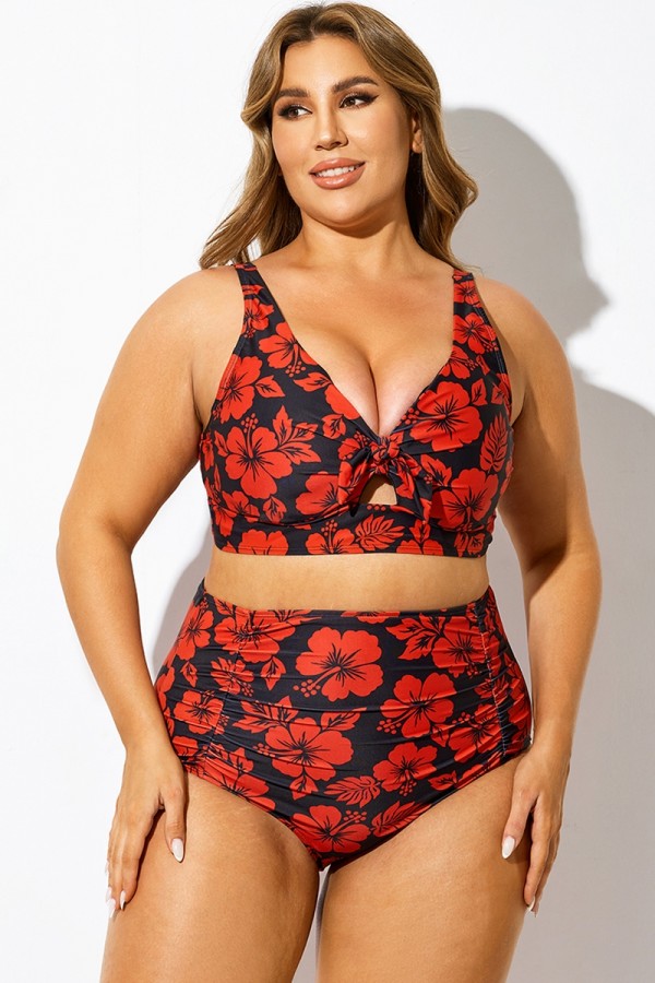 Top de bikini con lazo delantero y estampado floral rojo