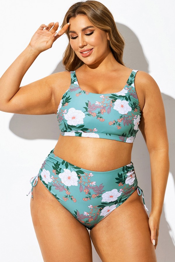 Top de bikini cruzado con estampado floral verde