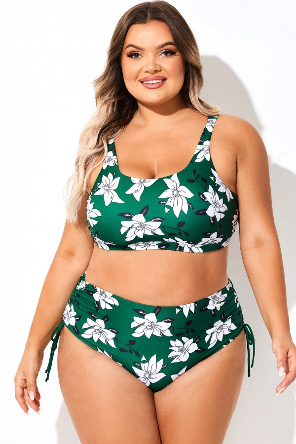Top de bikini con cuello redondo y estampado floral verde