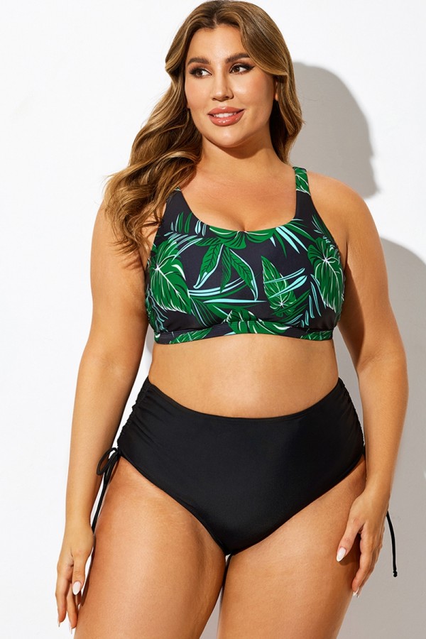 Top de bikini con cuello en V y estampado de plantas verdes