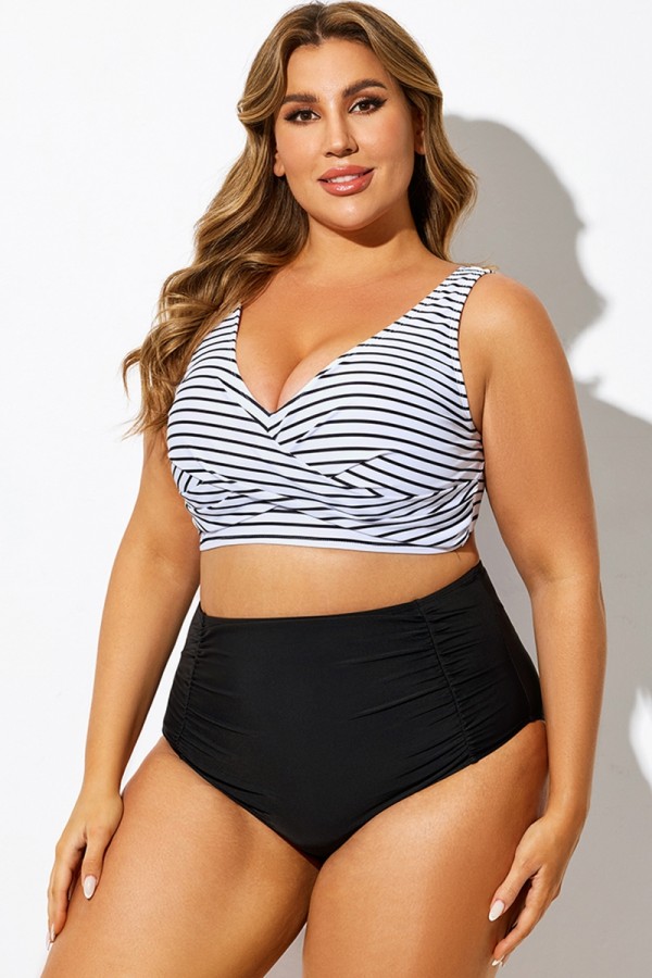 Top de bikini con lazo en la espalda a rayas blancas y negras