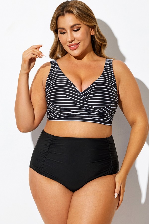 Top de bikini con cuello en V y espalda anudada a rayas de talla grande