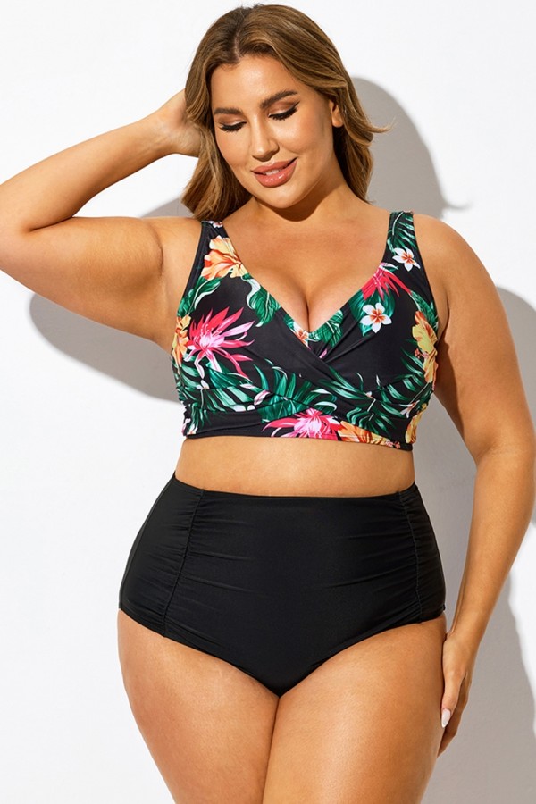 Top de bikini con lazo en la espalda y estampado floral negro