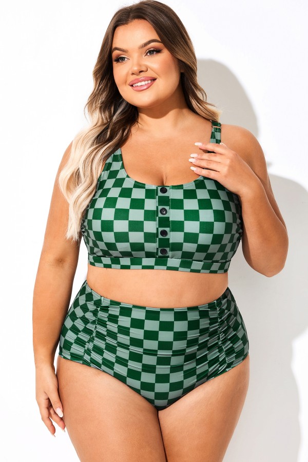 Top de bikini de mujer con cuello redondo y cuadros verdes