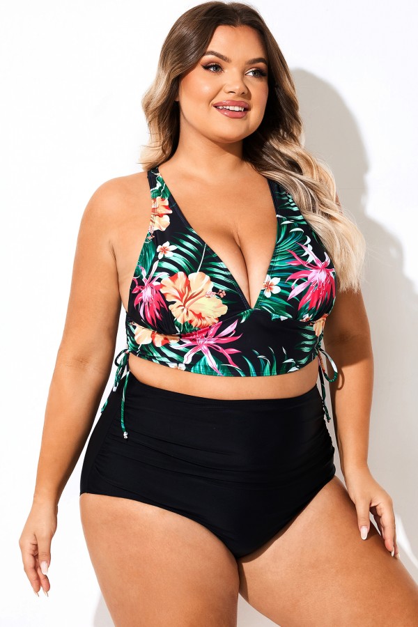 Top de bikini cruzado fruncido con cordón floral negro