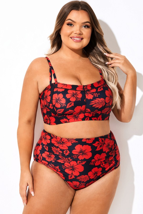 Top de bikini con estampado floral rojo y tirantes ajustables