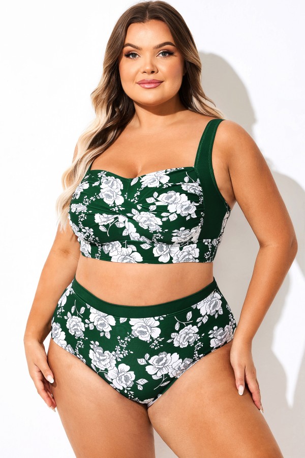 Top de bikini con parte delantera torcida y estampado floral verde