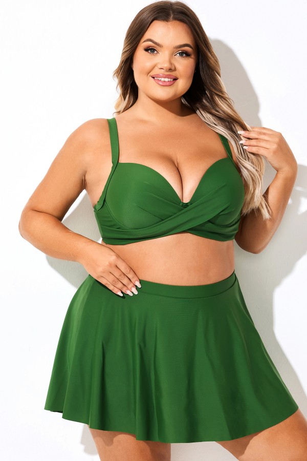 Top de bikini con cuello en V verde liso de talla grande