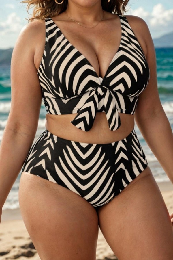 Top de bikini con cuello en V y rayas de cebra de talla grande
