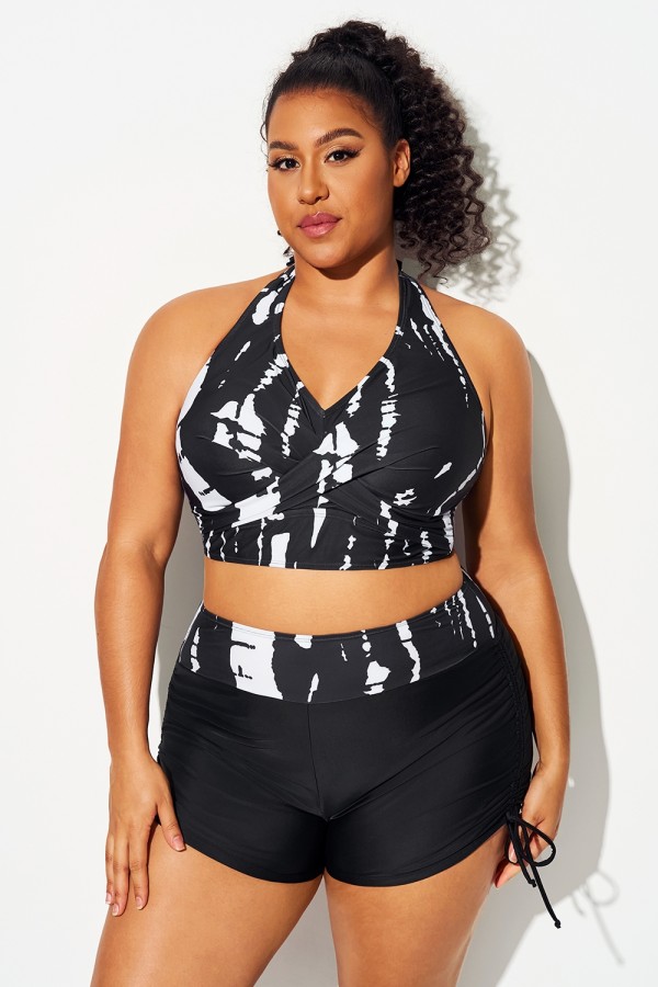 Top De Bikini Con Bloques De Color Blanco Y Negro De Talla Grande